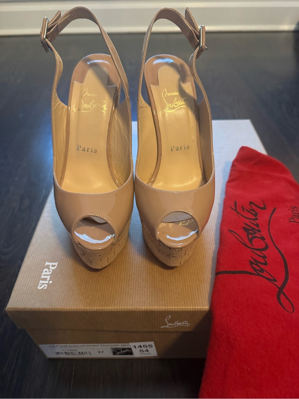 Christian Louboutin Une Plume Nude Patent Peep-Toe Platform Slingback Heels